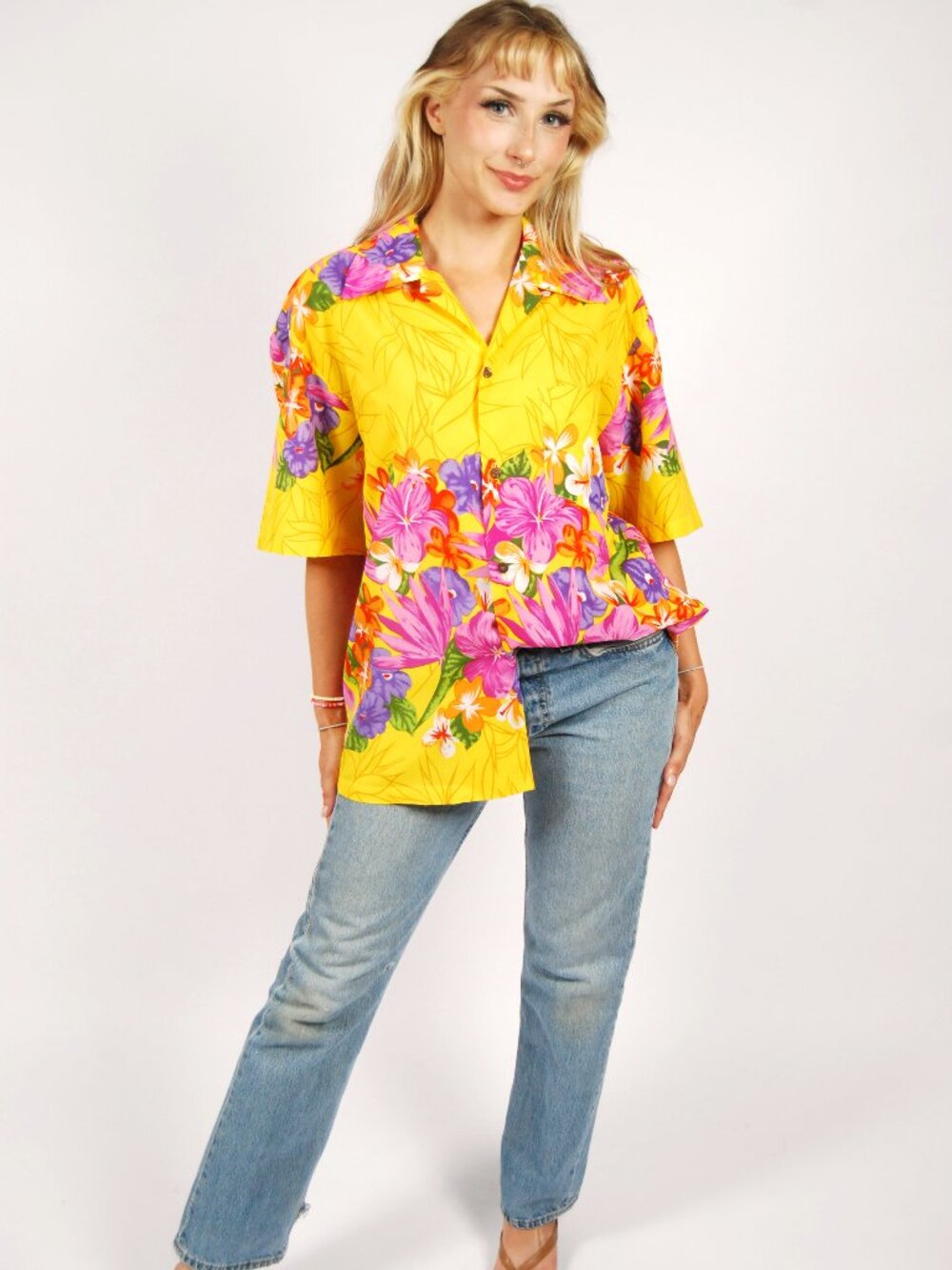 60s Hawaiian Togs Dress Shirt (S) small yellow vintage mens island colorf retro